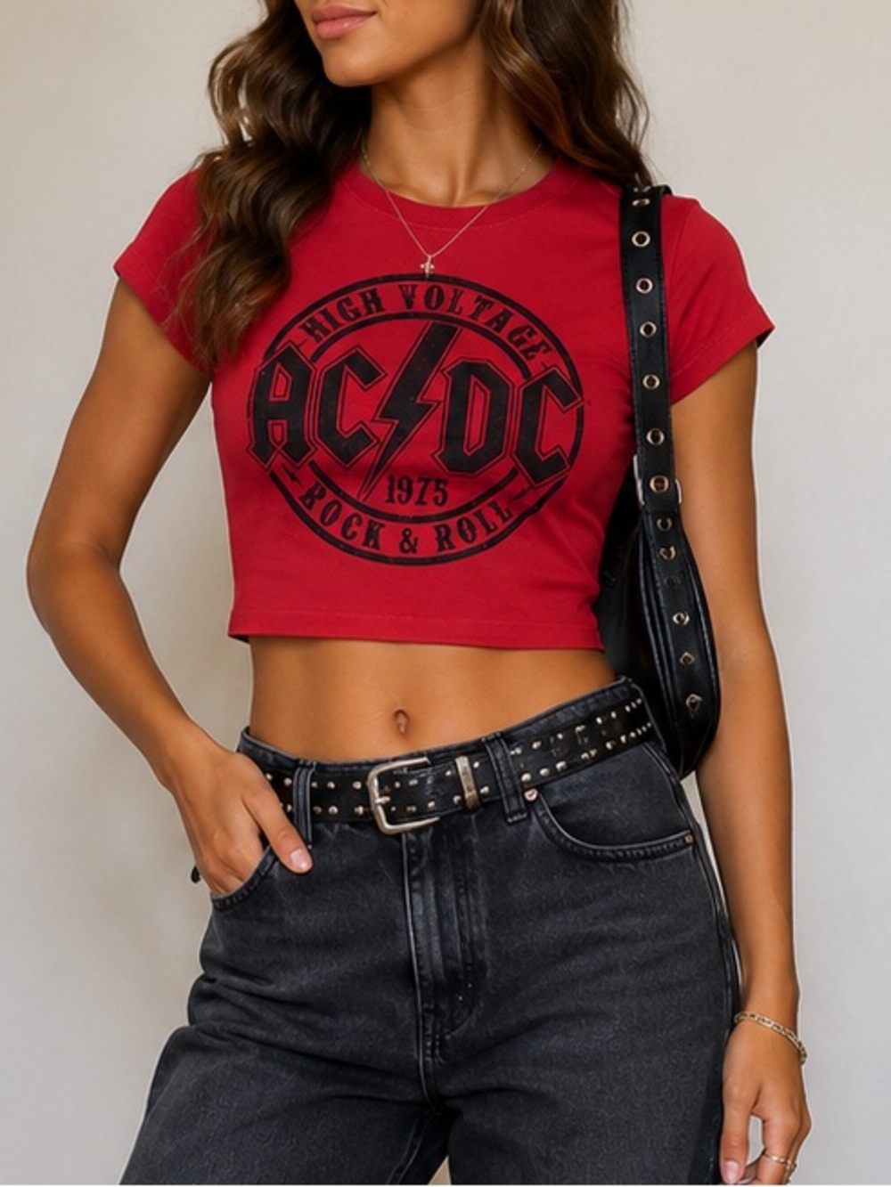 AC/DC 1975 Rock & Roll Red Crop Tee
